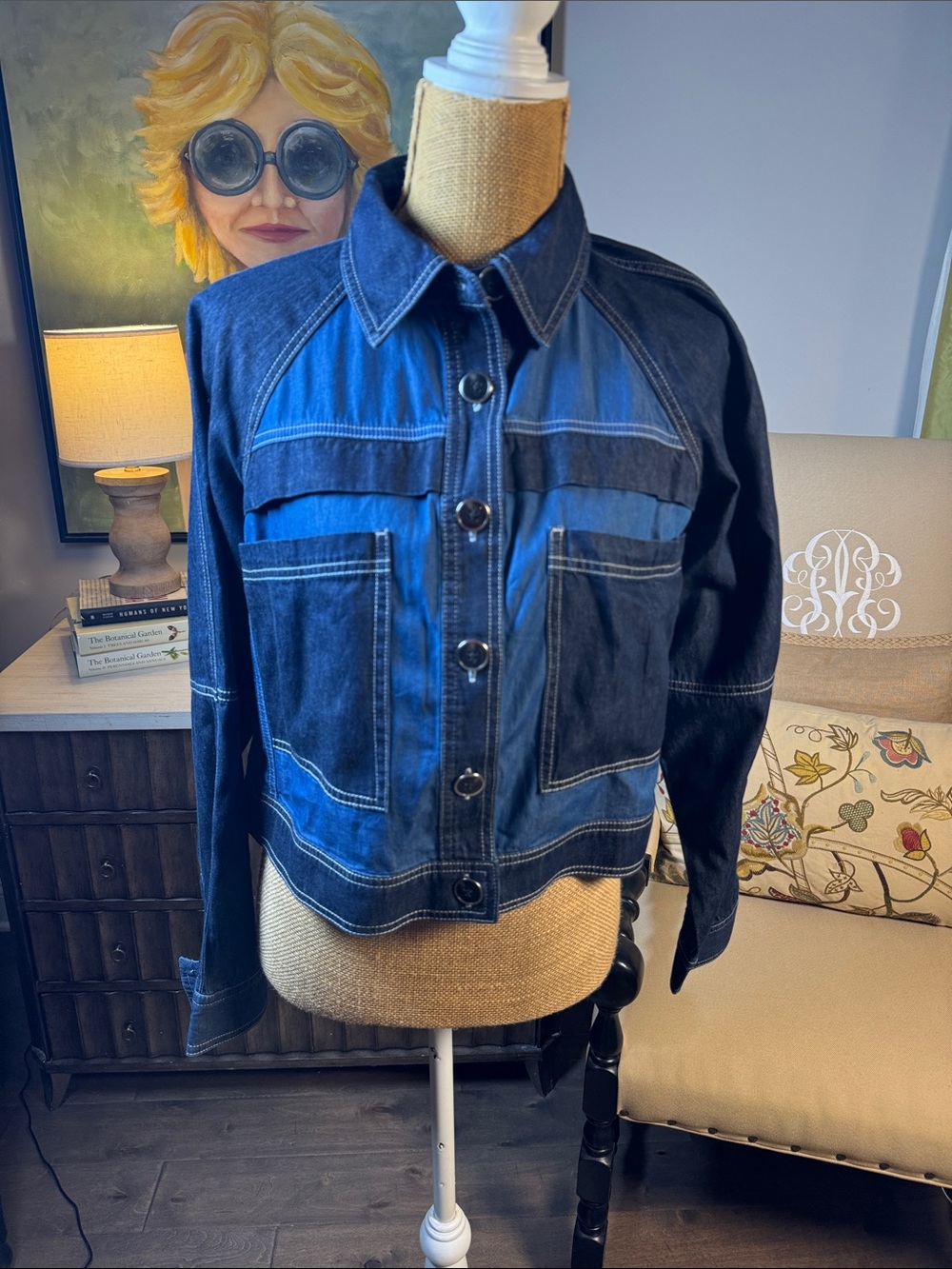 Cabi Denim Patchwork Button-Front Jacket - Dark Blue small